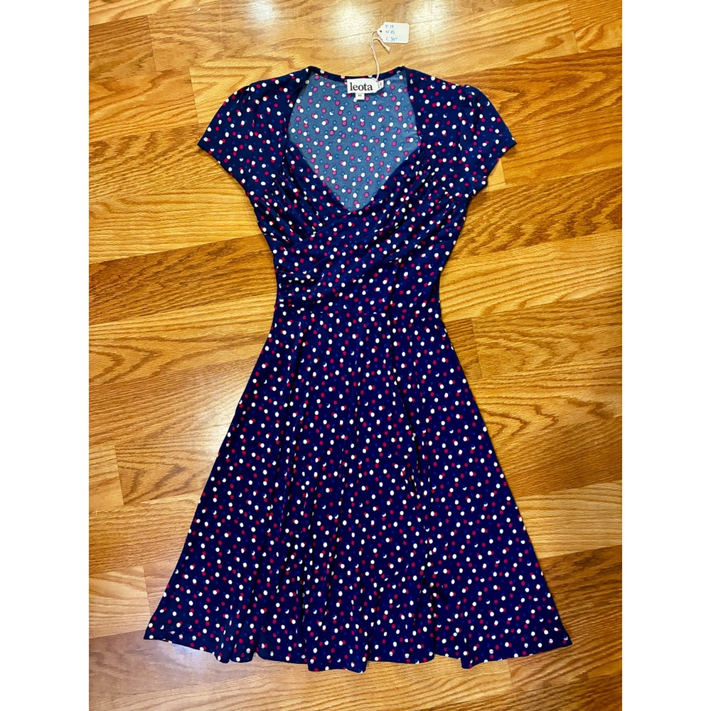 Leota Versatile Polka Dot Fit and Flare Retro Surplice Dress XS Navy Blue